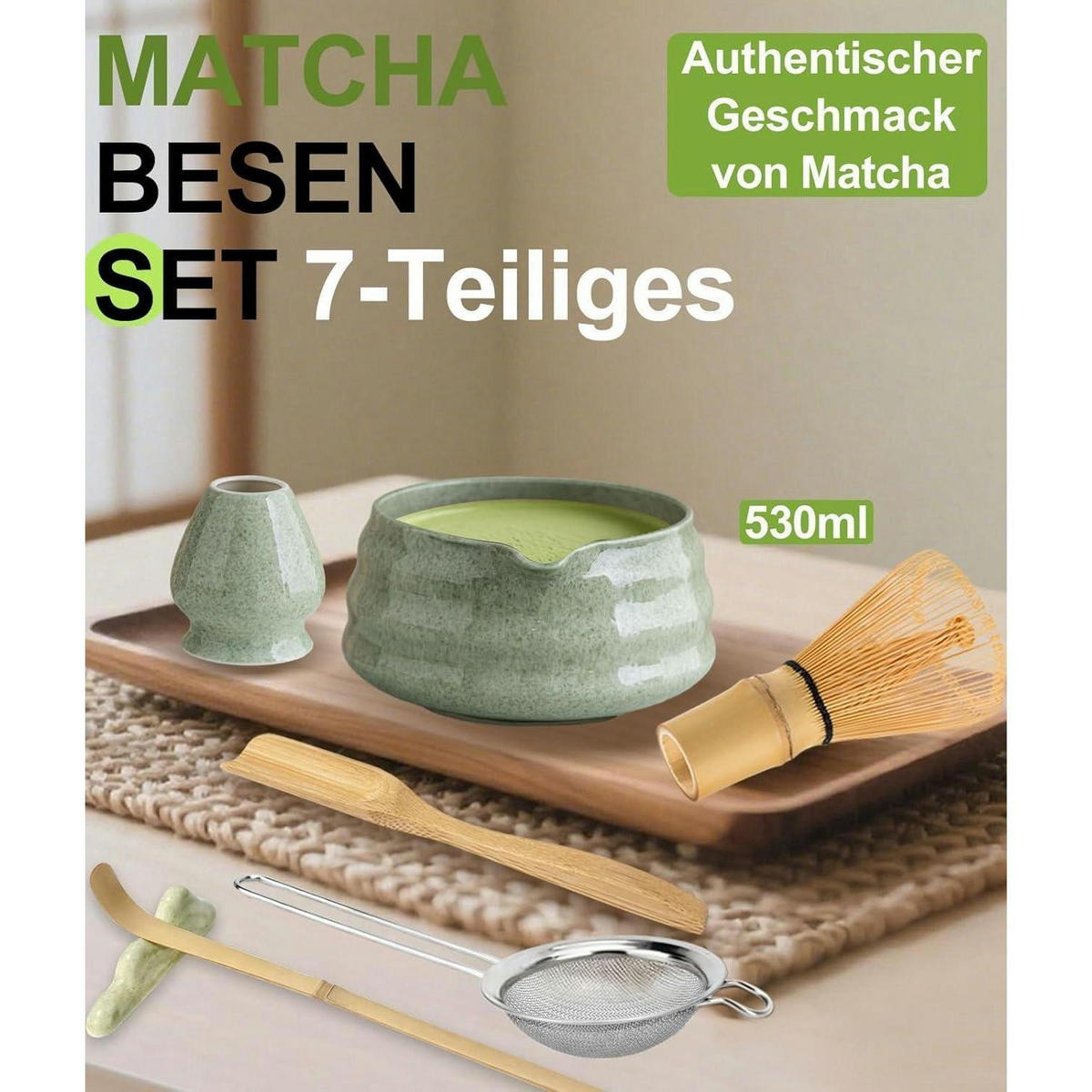 MATCHA Set 7-teiliges Set mit Schale und Bambusbesen - Grün, Keramik (15/10/15cm)