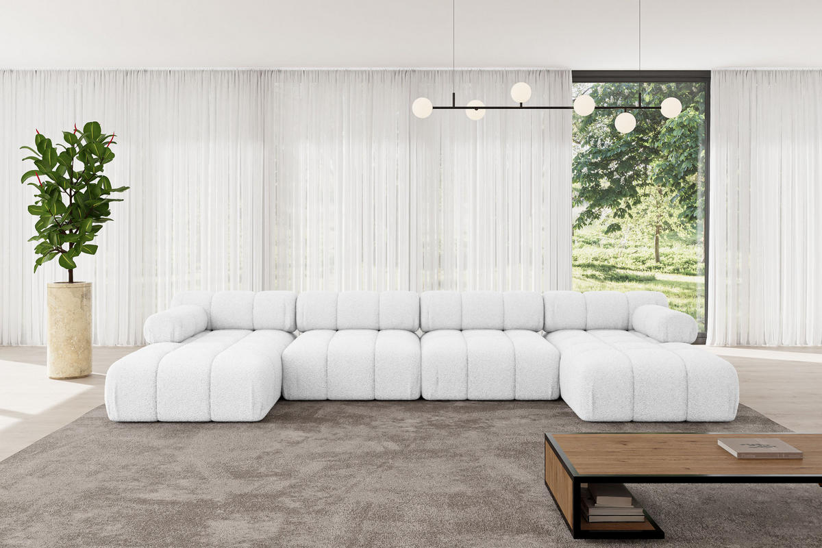 WOHNLANDSCHAFT modulares Sofa Tesso-U2 - 380x160x70 cm Weiß Bouclé - Weiß, Holzwerkstoff/Textil (380/70/160cm) - ALTDECOR