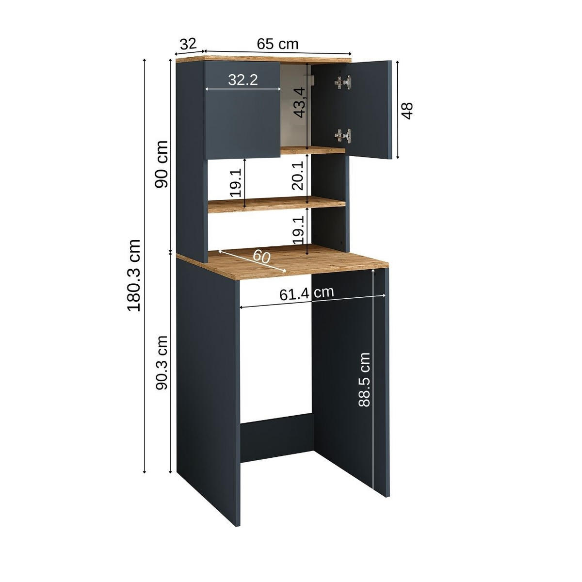WASCHMASCHINENSCHRANK Atlantic III 65cm Breit, 181cm Hoch - Anthrazit, Holzwerkstoff (65/181/60cm)