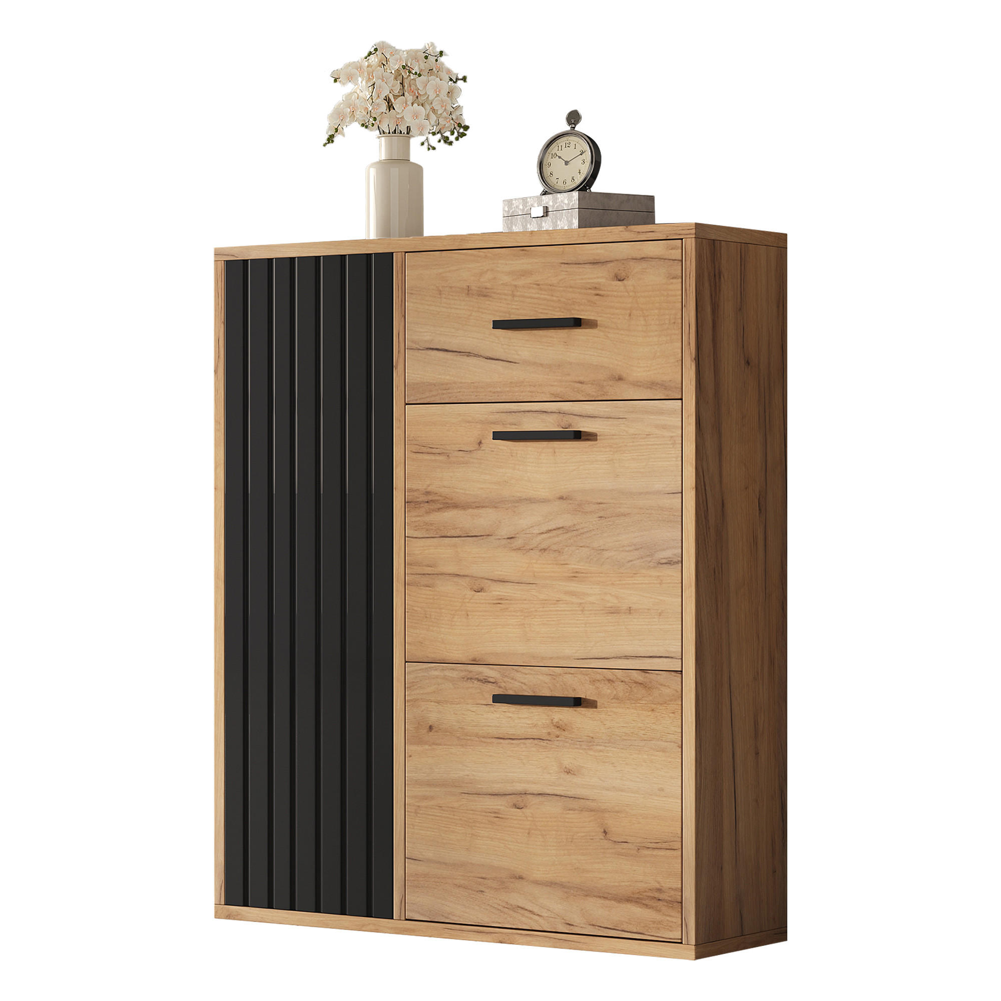 SCHUHSCHRANK mit Schublade 3 Türen drehbare Schuhregale verstellbare Einlegeböden Spanplatte modernes Design - Naturfarben, Holzwerkstoff (80/95.5/24cm) - EVRYAE