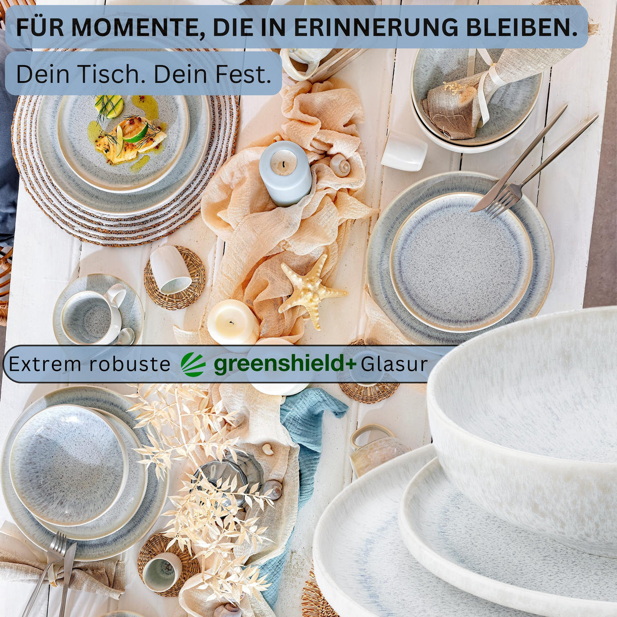 SÄNGER Steingut Geschirrset Santorini, Tafelservice 36 teilig für 12 Personen - Blau, Stein (27/6/27cm) - Sänger