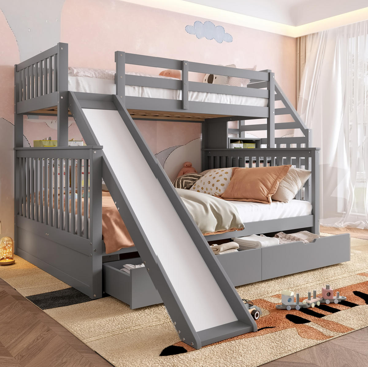 ETAGENBETT aus Kiefer 90x200/140x200 cm Grau mit Rutsche, Treppe und Schubladen - Grau, Holz (90/200cm) - Modfu