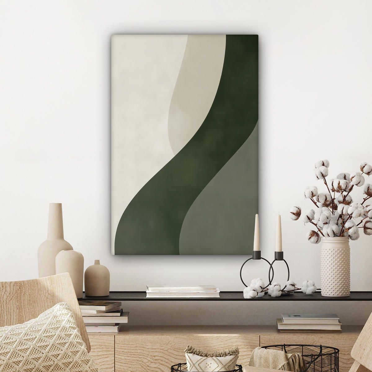 LEINWANDBILD Japandi - Grün - Abstrakt - Modern Wanddeko 40x60 cm - Salbeigrün, Textil (40/60cm) - MuchoWow