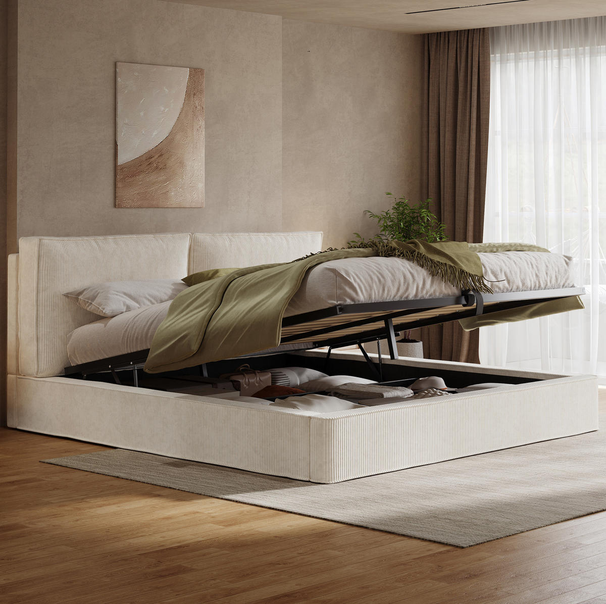 POLSTERBETT 180/200 cm aus Cord mit Stauraum und Lattenrost Beige - Beige, Textil (180/200cm) - Modenvie