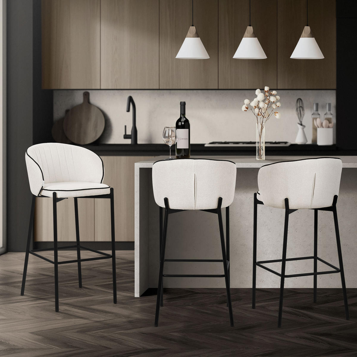 BARHOCKER 2er Set Beige mit Stoffbezug - Beige/Schwarz, Textil/Metall (50/101/54cm) - ML-DESIGN