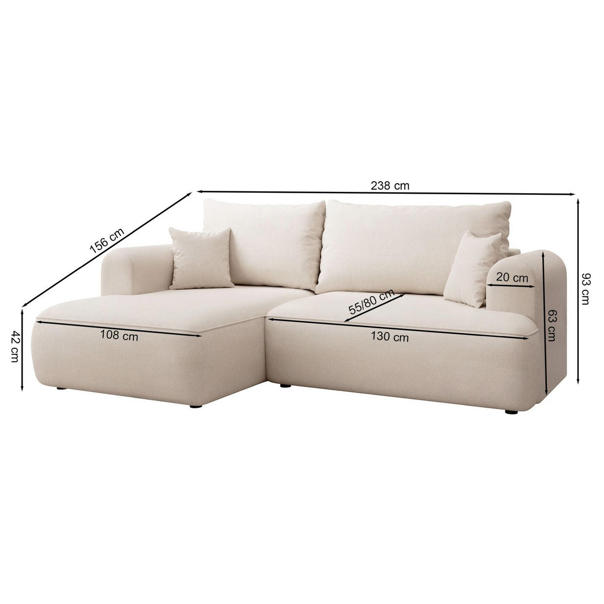 ECKSOFA Ovo Mini Hellgrau rechts - Hellgrau/Schwarz, Kunststoff/Textil (156/238cm) - Selsey