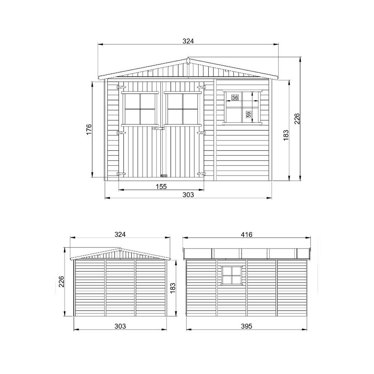 HOLZ-GARTHENHAUS MIT IMPRÄGNIERTEM BODEN - H226x418x320 cm/12 m² - M336+336G - Beige, Holz (324/232/395cm) - Timbela