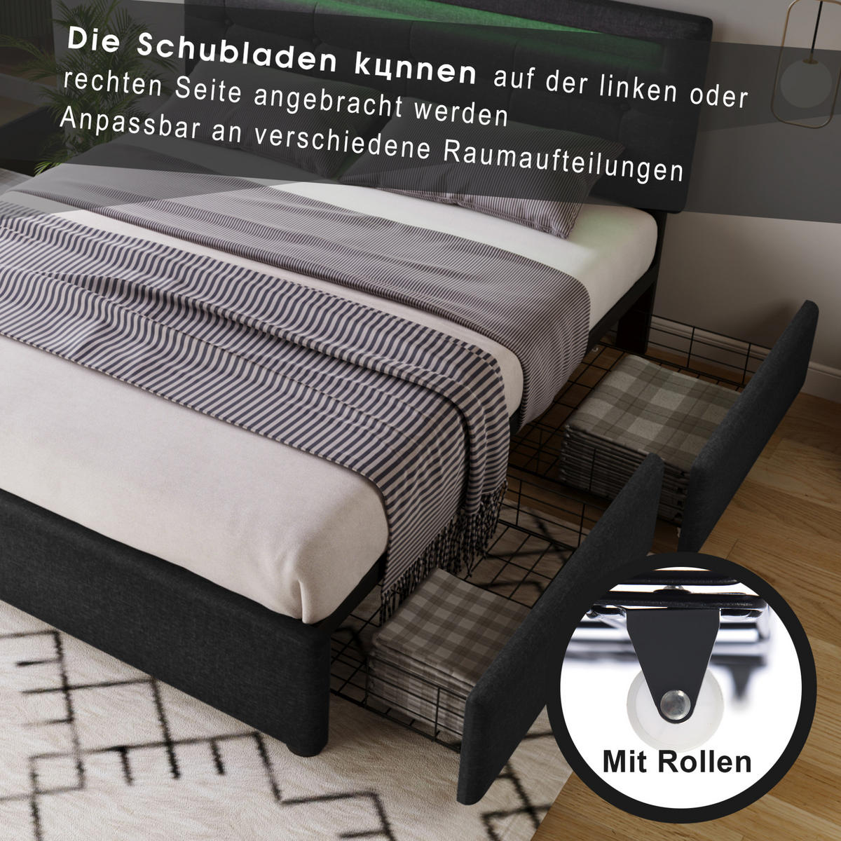 POLSTERBETT 140/200 cm mit LED-Beleuchtung, 4 Schubladen, verstellbarem Kopfteil und Matratze, Schwarz - Schwarz, Textil (140/140cm) - Redom