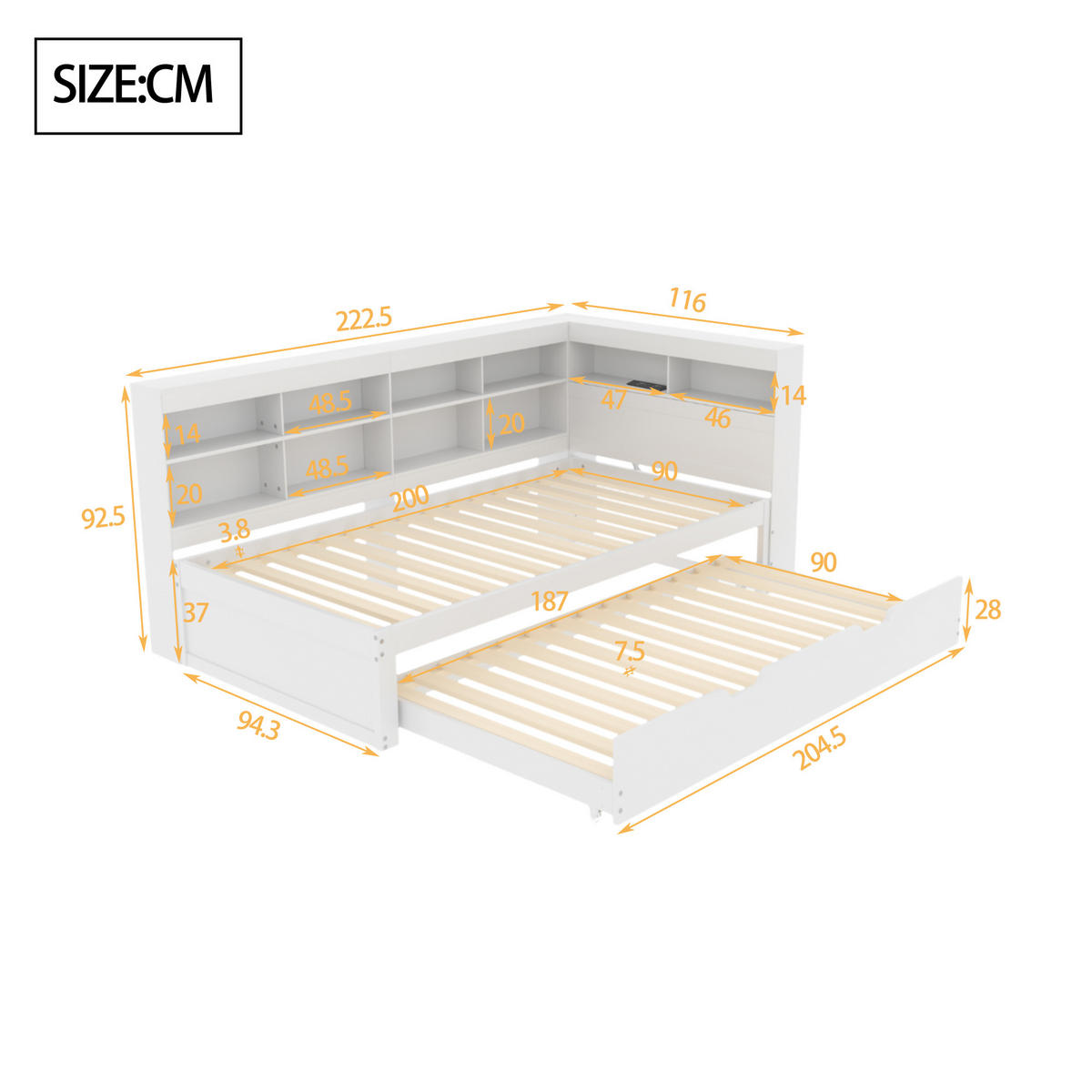 AUSZIEHBETT 90/200 cm DE-01240, in Weiß, mit USB und Ablagefächern - Weiß, Holz (90/200cm) - ComfortXL