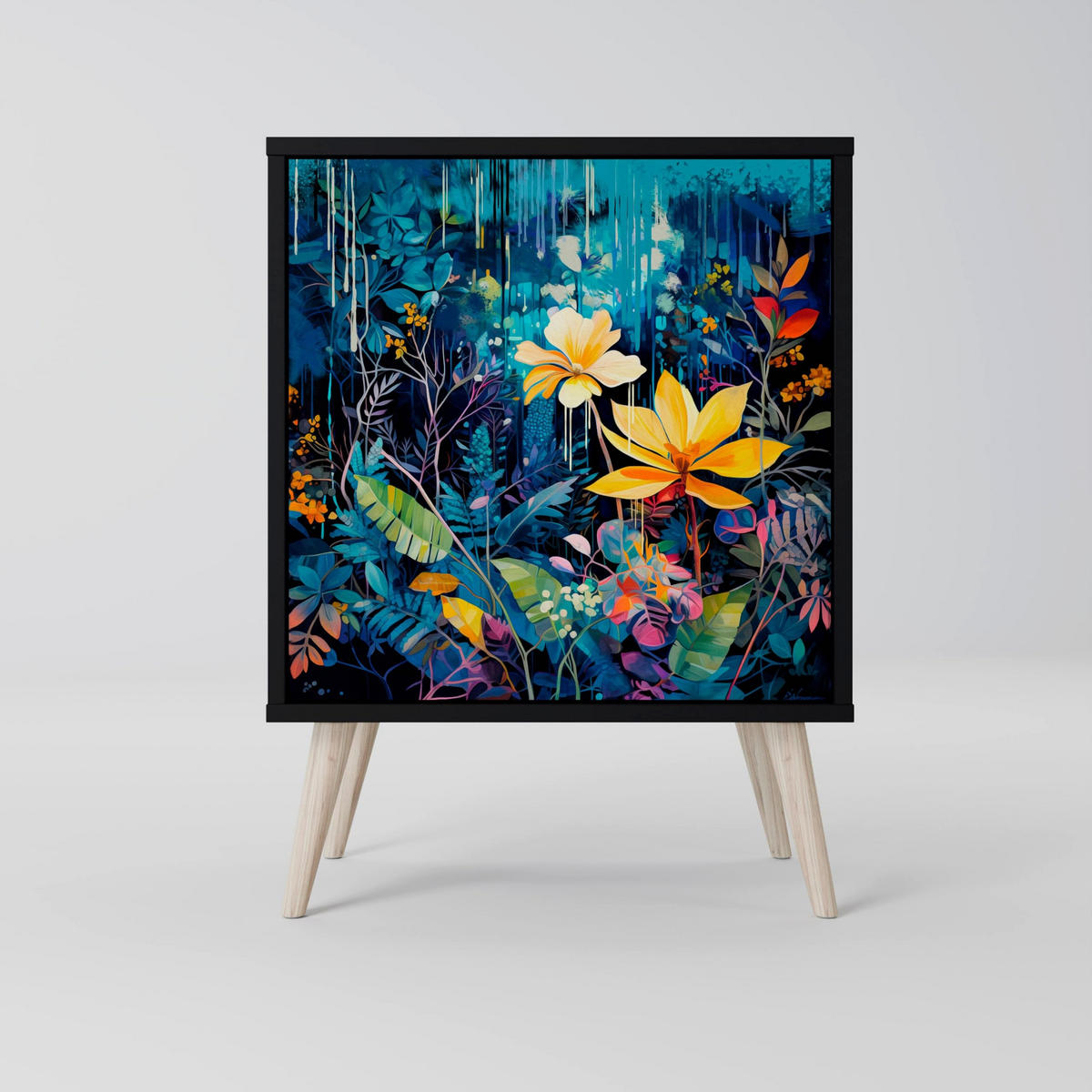 SIDEBOARD MIDNIGHT BLOSSOM, Schwarz, 57,5x42x72,5 cm, Schwarze Metallfüße - Multicolor/Schwarz, Holzwerkstoff/Metall (57.5/72.5/42cm) - SpaceRebels