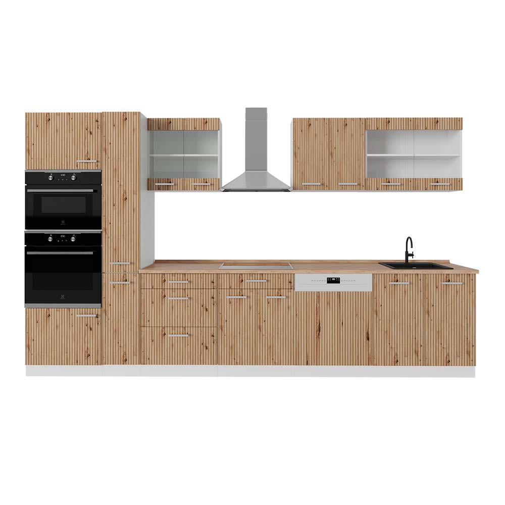 Vicco KUCHYŇSKÝ KOUT R-Line Dub řemeslný/bílý 350 cm s vysokou skříní, PD Dub