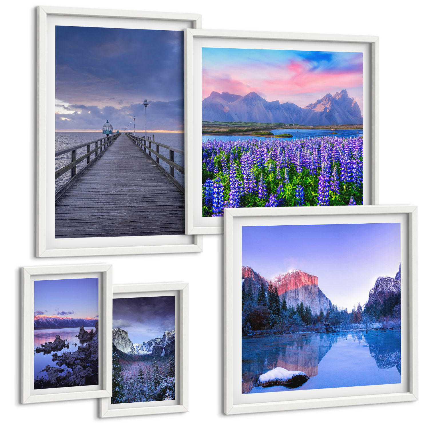 BILDER SET 5er Set - 50x50 cm & 20x30 cm & 40x60 cm Weißer Rahmen - Berglandschaften, Wasser, Blumenfeld - Weiß, Kunststoff (40/60cm) - TULUP