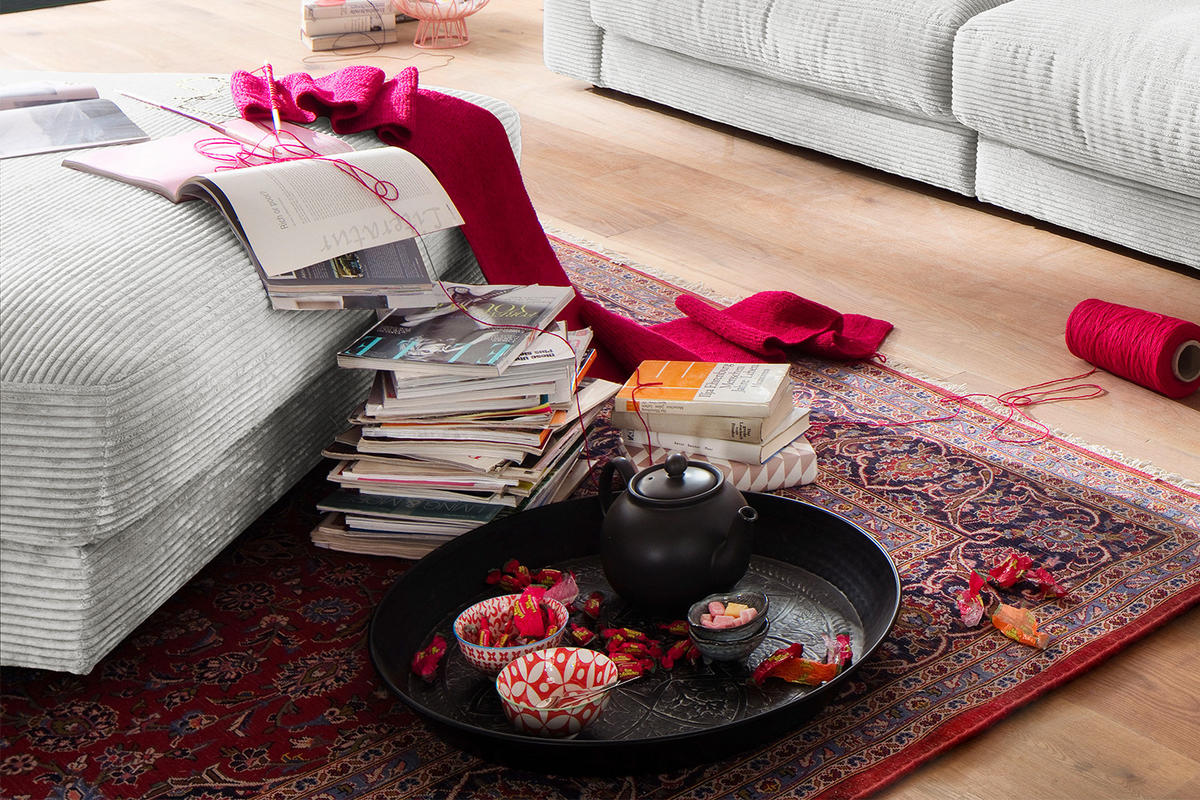BIG HOCKER MADELINE Hellgrau Cord - Hellgrau, Textil (120/43/120cm) - KAWOLA