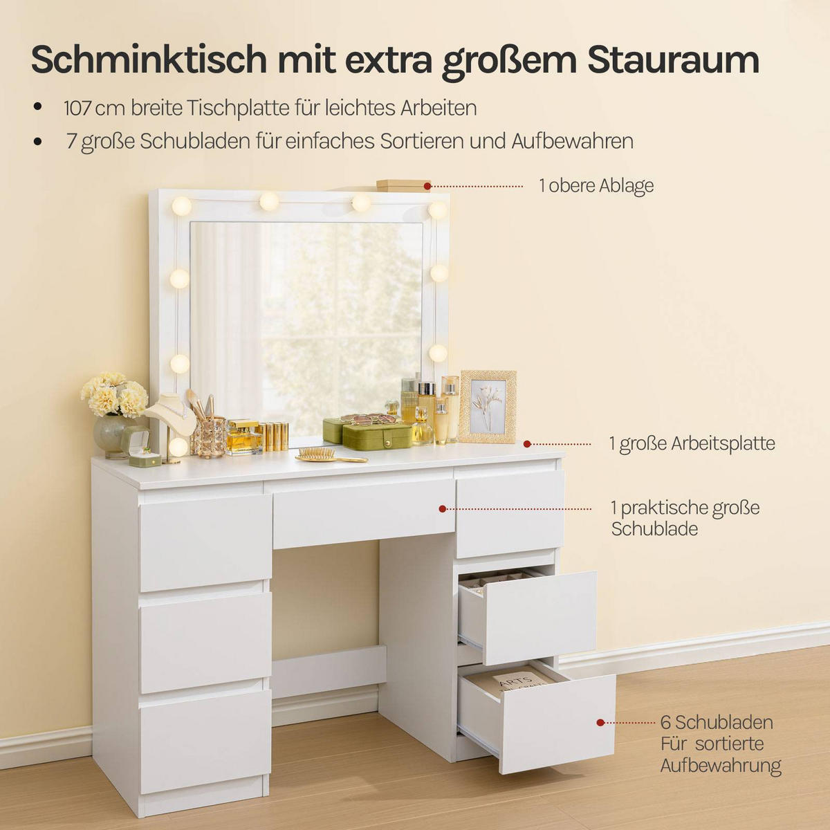 SCHMINKTISCH mit LED-Beleuchtung Weiß - Weiß, Glas/Holzwerkstoff (107/140.5/39.5cm) - Woltu