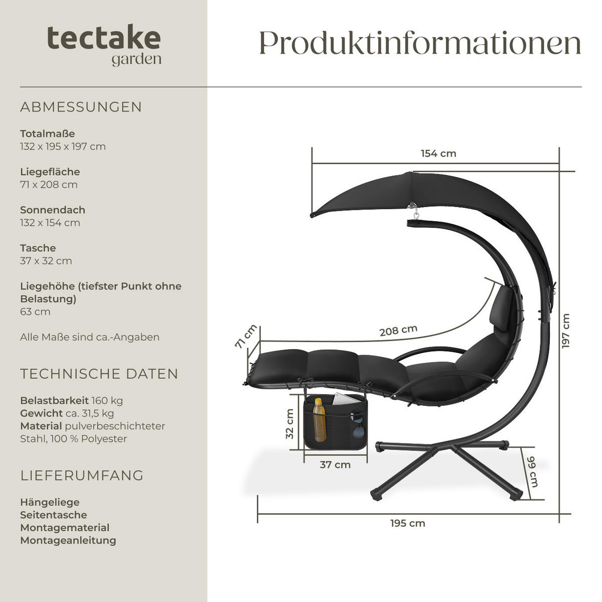 HÄNGELIEGE Elaria,195 x 132 x 197 cm, mit Seitentasche,schwarz - Schwarz, Textil (132/197/195cm) - tectake