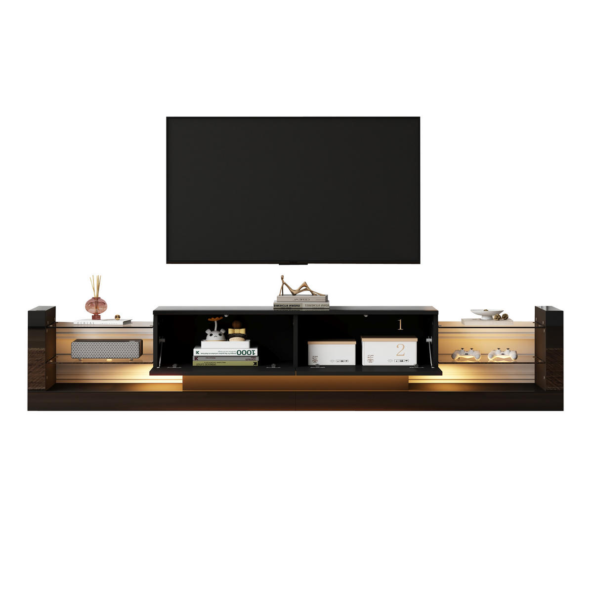 TV-SCHRANK in Schwarz Hochglanz mit Glasfront und LED 181/38/38 cm - Schwarz, Holzwerkstoff (181/38/38cm) - Redom