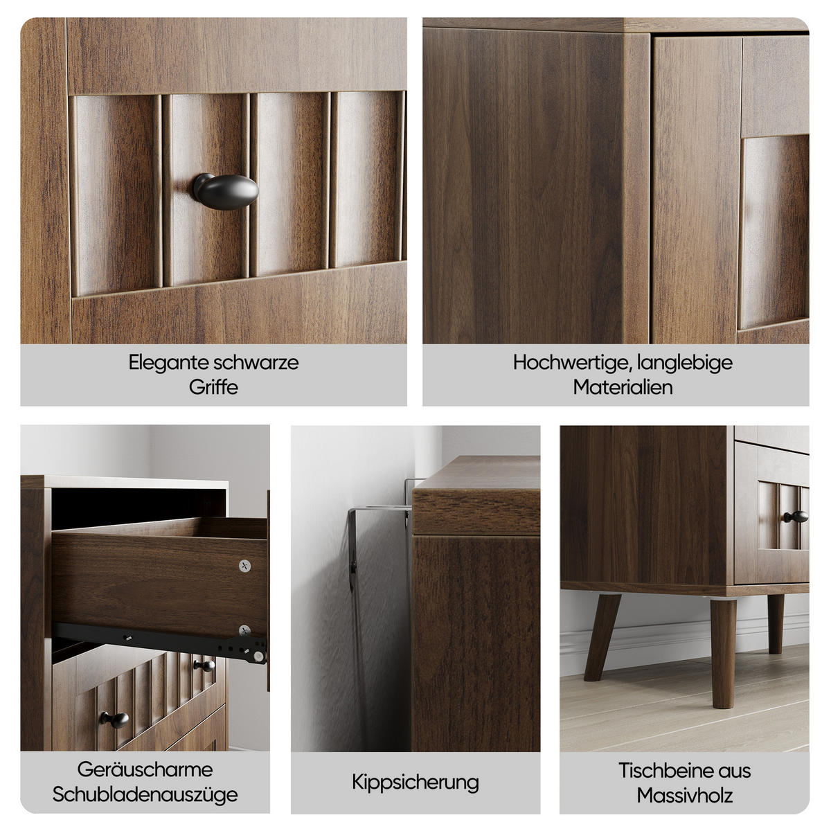SIDEBOARD walnuss-optik & rillen-design mit 3 schubladen & massivholzbeinen - Walnussfarben, Holzwerkstoff (60/78/40cm) - Urban Meuble