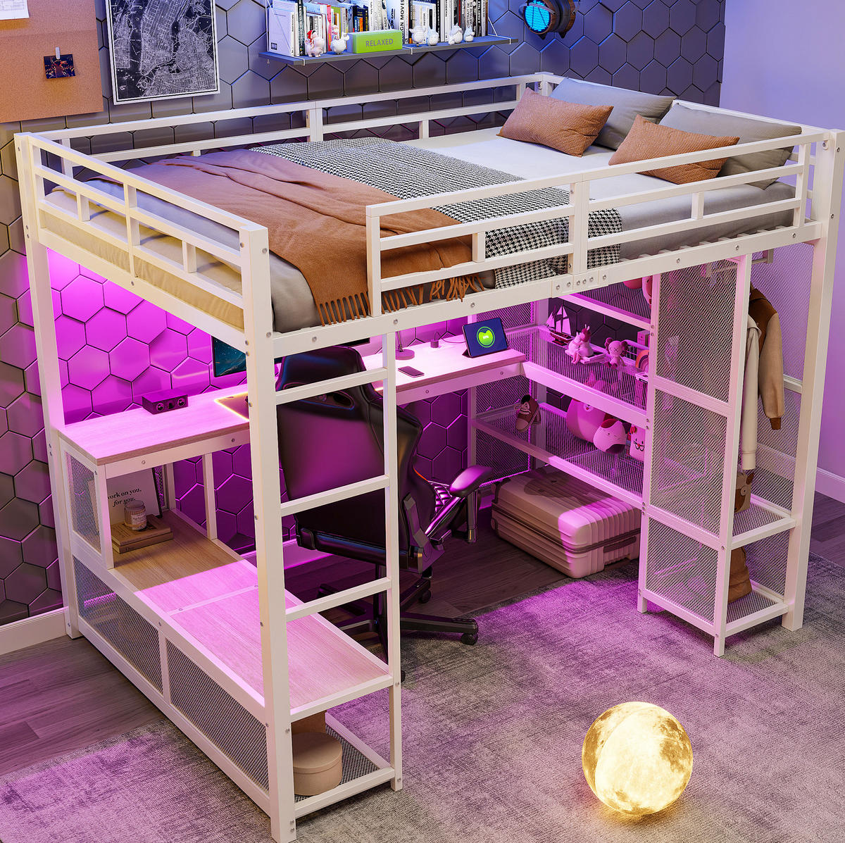 HOCHBETT 140/200 cm aus Metall und MDF mit Schreibtisch Kleiderschrank LED und USB-Anschluss Weiß - Weiß, Holzwerkstoff (140/200cm) - Modenvie
