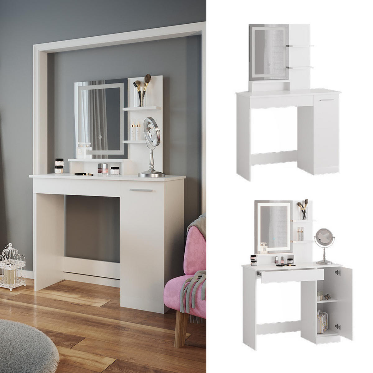 SCHMINKTISCH Julia Weiß 90 cm mit LED-Spiegel - Weiß, Holzwerkstoff (90/137.5/38cm) - Vicco