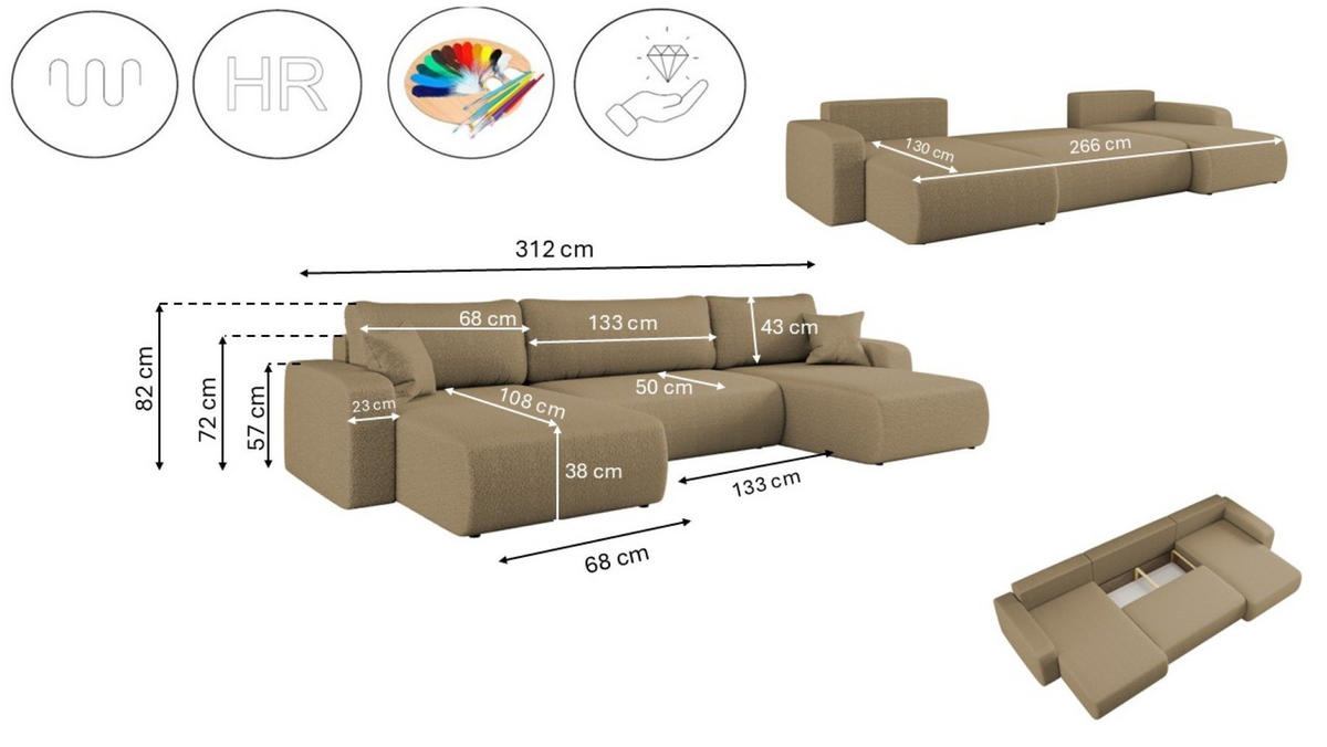 ECKSOFA U-Form Mit Schlaffunktion Und Bettkasten MILANO Stoff Hellbraun - Hellbraun, Holz (312/145cm) - Kaiser Möbel