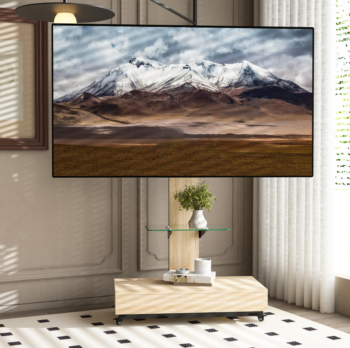 TV-HALTERUNG auf Rollen für 32–75 Zoll – höhenverstellbar & schwenkbar - Hellbraun, Holzwerkstoff (80/150/40cm) - BEAOK