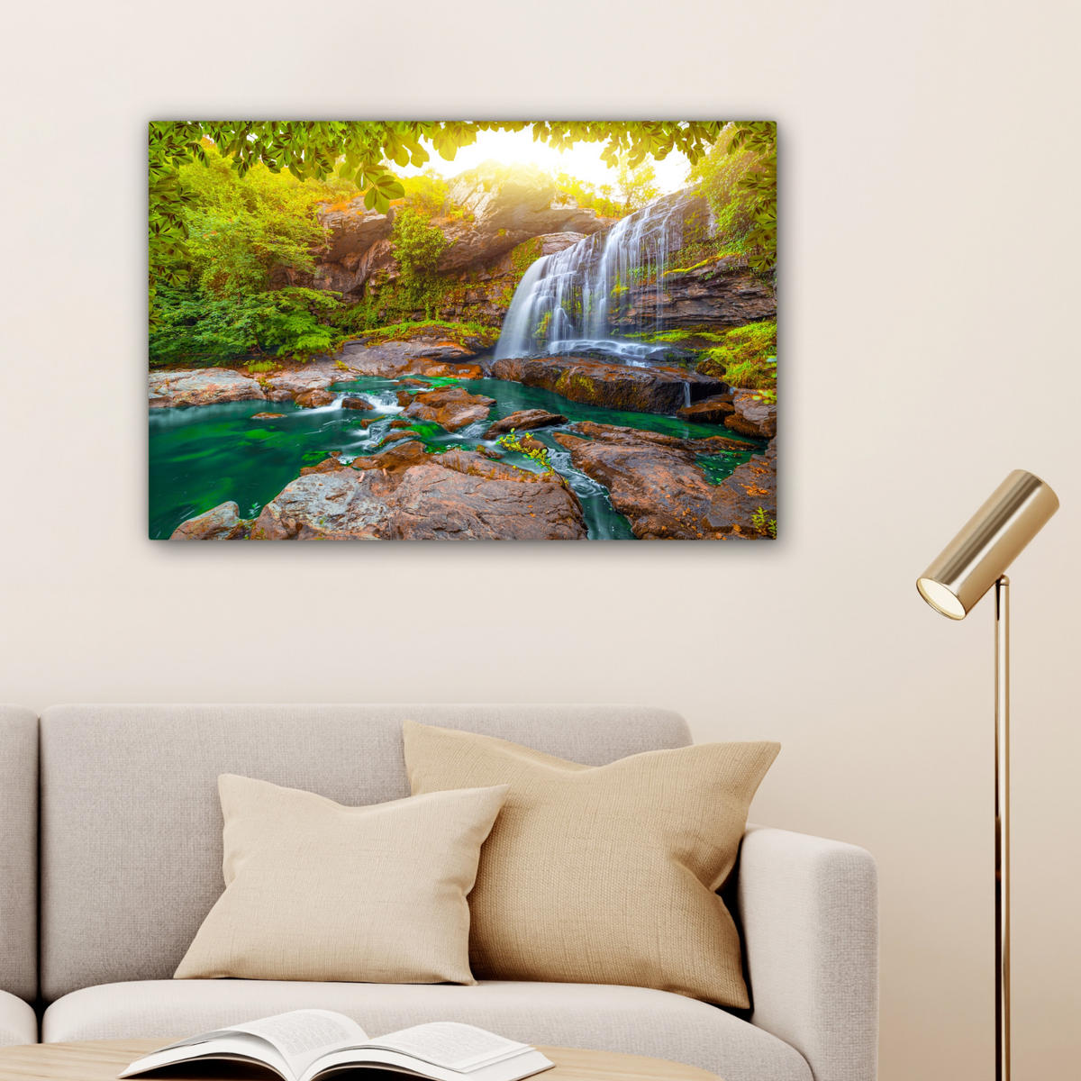LEINWANDBILD Natur - Wasserfall - Pflanzen - Bäume - Sonne Gemälde 60x40 cm - Olivgrün, Textil (60/40cm) - MuchoWow