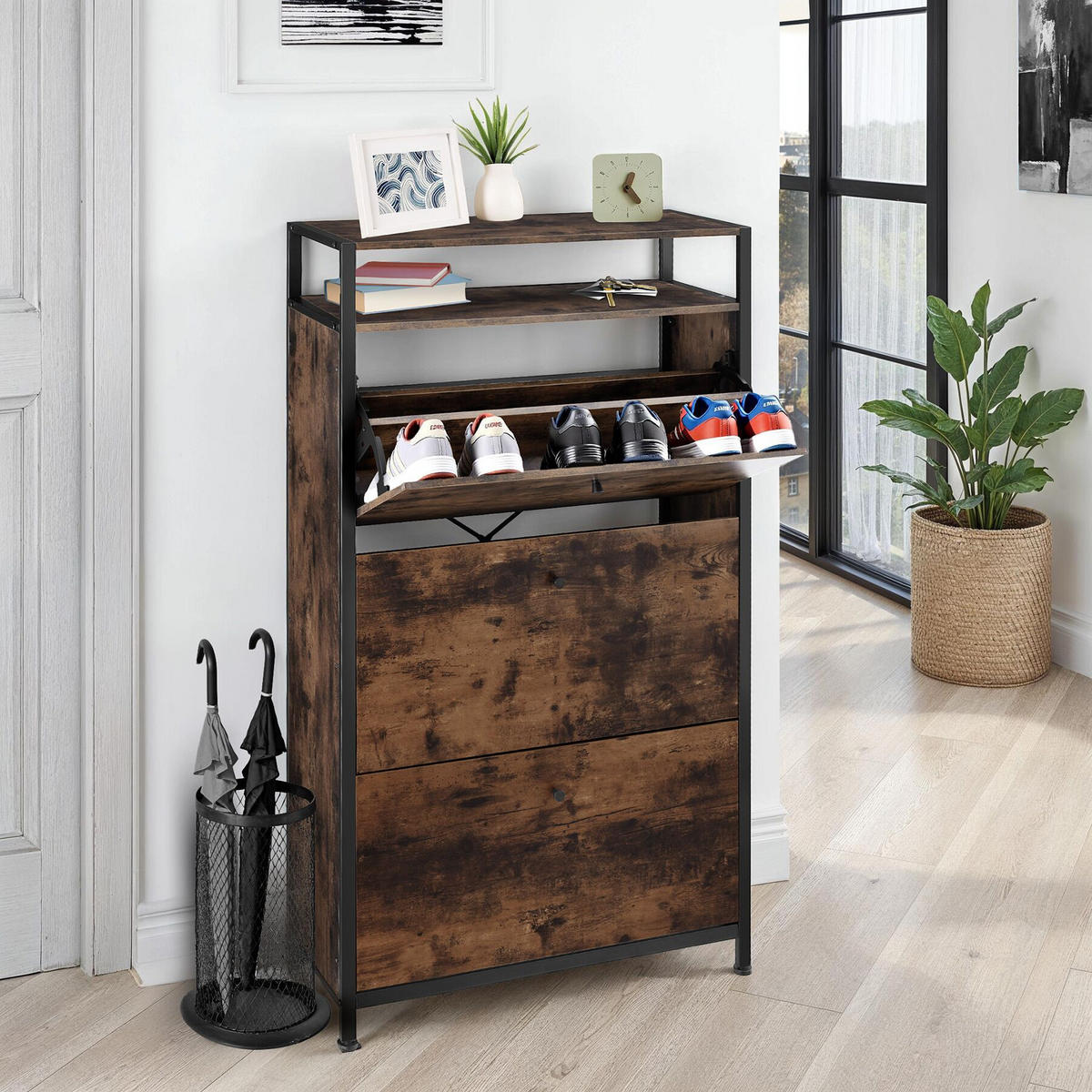 SCHUHSCHRANK Braddock,inklusive Kippschutz, 61 x 32 x 130 cm,Industrial Holz dunkel, rustikal - Rostfarben, Holzwerkstoff (32/130/61cm) - tectake