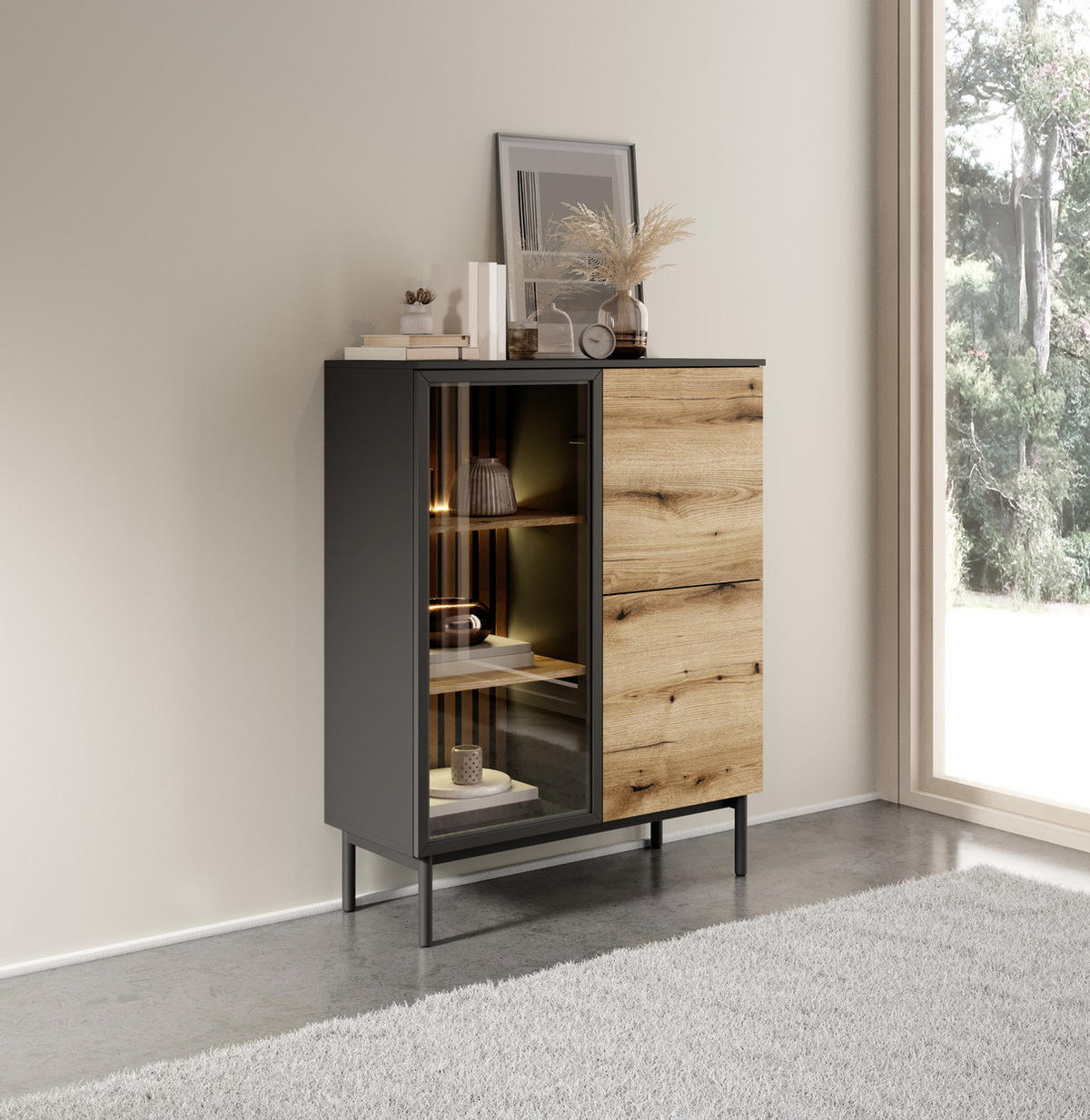 VITRINE 100 cm Jotare, 2 Türen, LED, Schwarz, Eiche Evoke - Schwarz, Holz (100/125/39cm) - Emporius