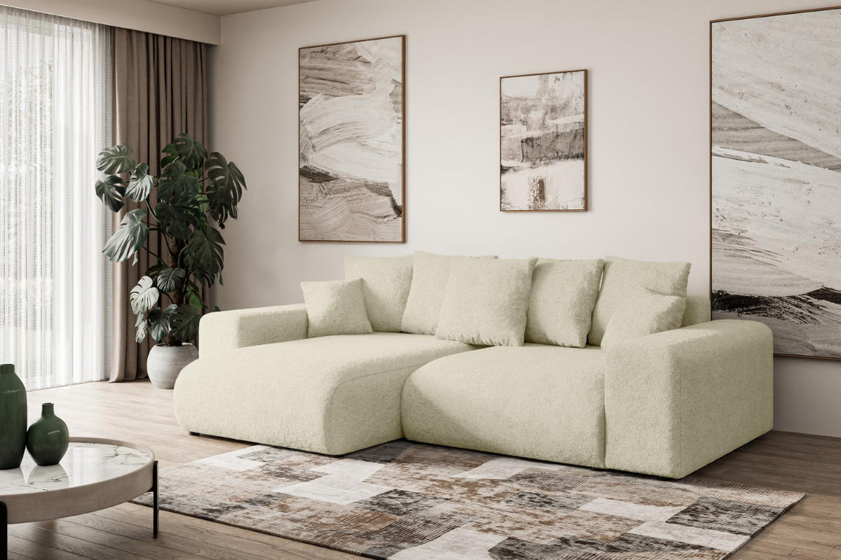 ECKSOFA mit Schlaffunktion und Bettkasten ESKAR-L 256x165x84cm Beige Bouclé - Beige/Schwarz, Holzwerkstoff/Kunststoff (165/256cm) - ALTDECOR