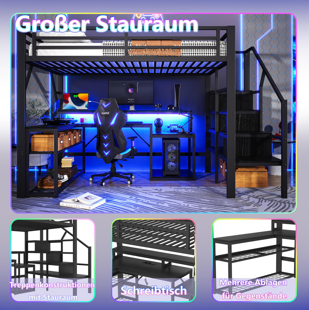 HOCHBETT 140/200 cm Schwarz aus Metall und MDF mit Schreibtisch - Schwarz, Metall (140/200cm) - OKMYHOME