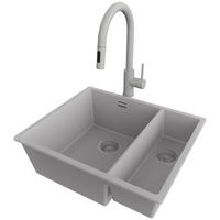 UNTERBAUSPÜLE GRANIT London Duo, 2-er set Grau 56/47 cm 1,5 Becken + Küchenarmatur 40/20 cm + Ablauf-Set ab 60er Unterschrank - Grau, Kunststoff (56/20/47cm) - Primagran