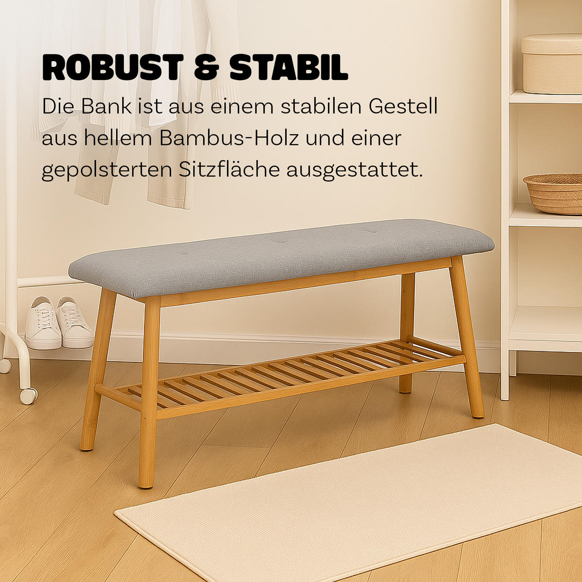 SCHUHBANK Bambus 100x30x44 cm - Hellbraun/Grau, Bambusholz/Textil (100/44/30cm)