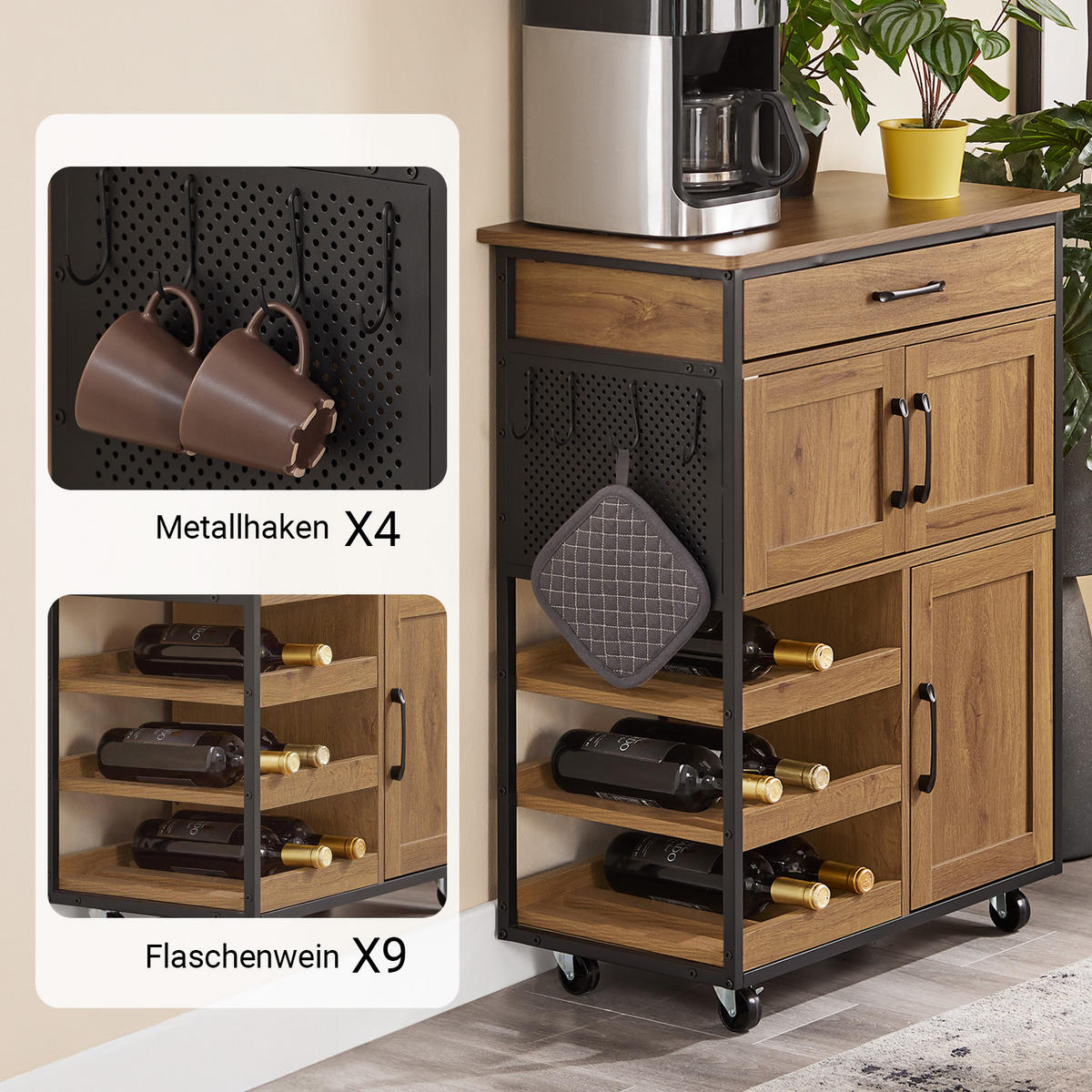 KÜCHENWAGEN mit Arbeitsplatte, Vintagebraun, 67x88x37cm - Naturfarben, Holzwerkstoff (67/88/37cm) - SoBuy