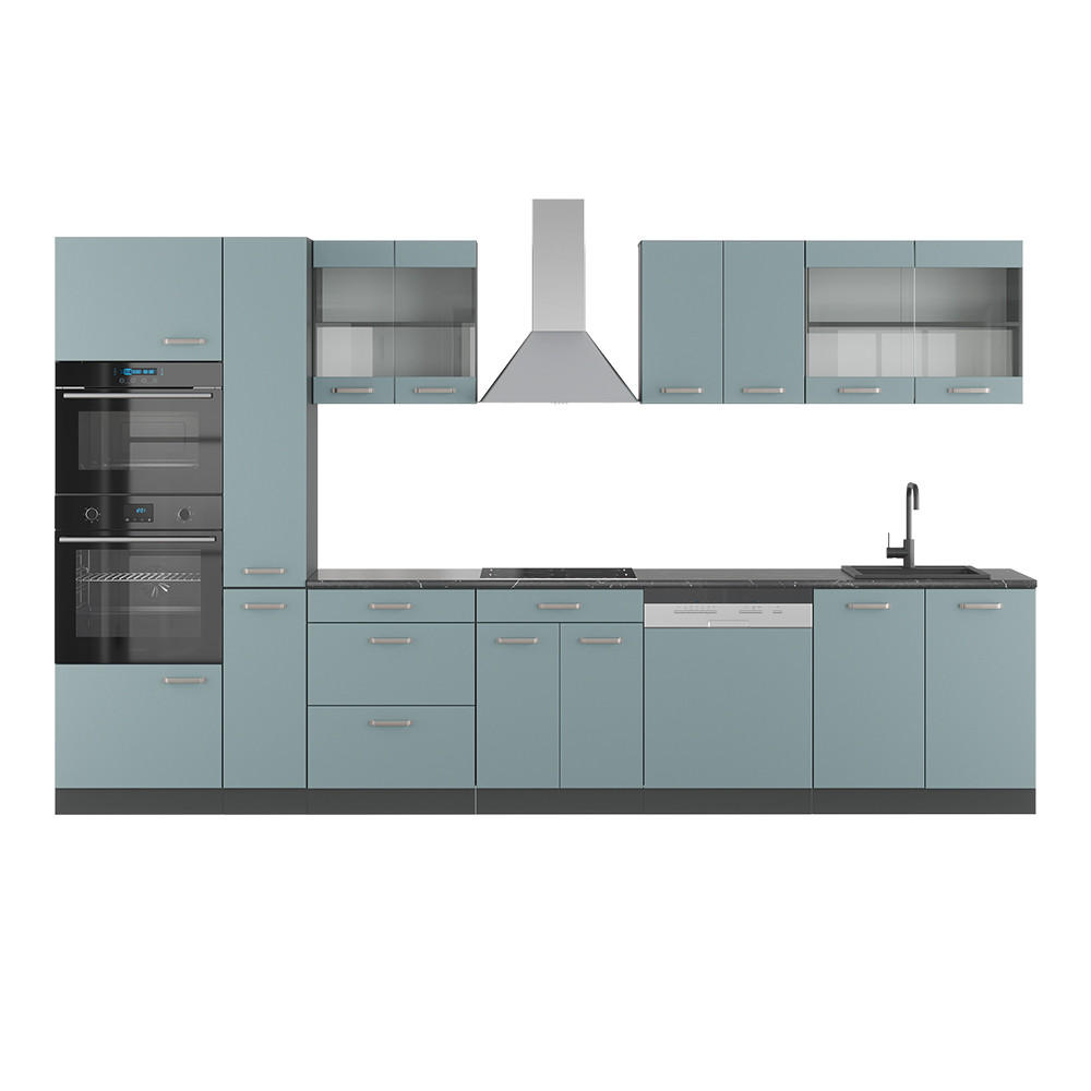 KÜCHENZEILE R-Line Blau-Grau/Anthrazit 350 cm mit Hochschrank AP Anthrazit - Anthrazit/Blaugrau, Holzwerkstoff (350/81.6/60cm) - Vicco
