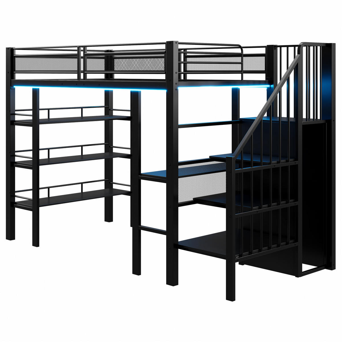 HOCHBETT 90/200 cm DE-01186, in Schwarz, mit LED, Regal und Schreibtisch - Schwarz, Metall (90/200cm) - ComfortXL