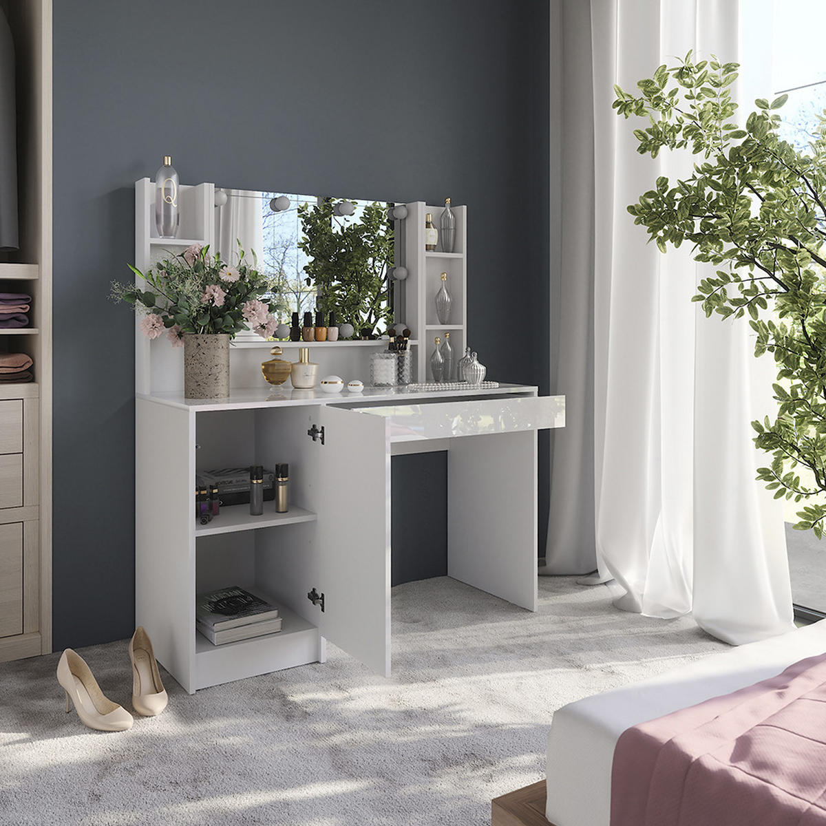 SCHMINKTISCH Sherry Weiß/Weiß Hochglanz 119.8 cm 4 Teile - Weiß Hochglanz, Holzwerkstoff (119.8/76/50.1cm) - Vicco