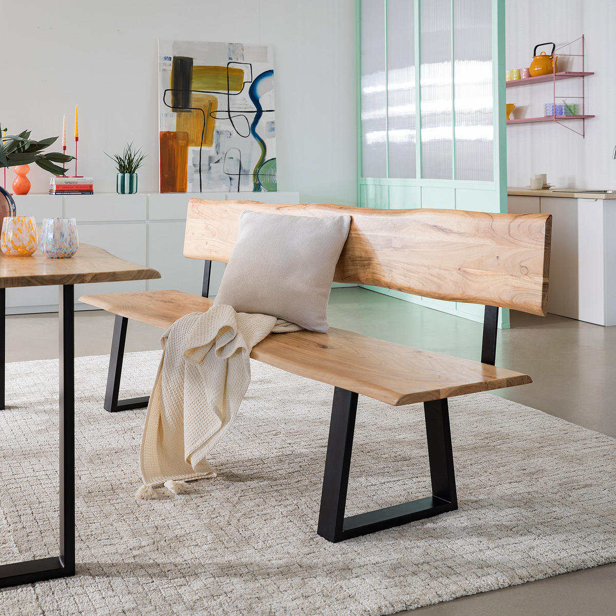 SITZBANK - Akazie massiv / Eisen - Schwarz/Braun, Holz/Metall (200/85/50cm) - home24