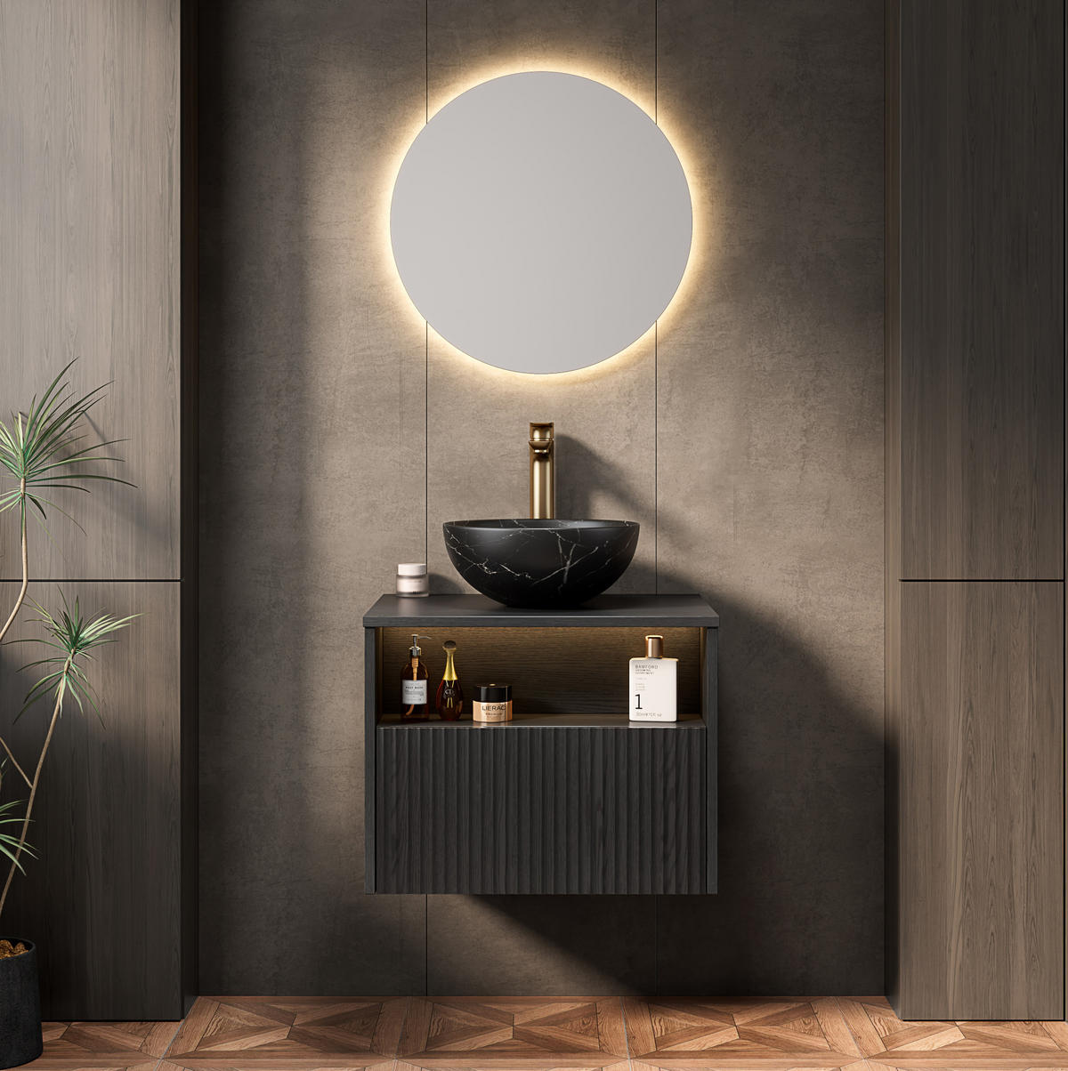 WASCHTISCHUNTERSCHRANK 60x46x60.8cm in Schwarz mit Sensor-LED, Soft-Close & Massivholzfront - Schwarz, Keramik (60/60.8/46cm) - Modfu