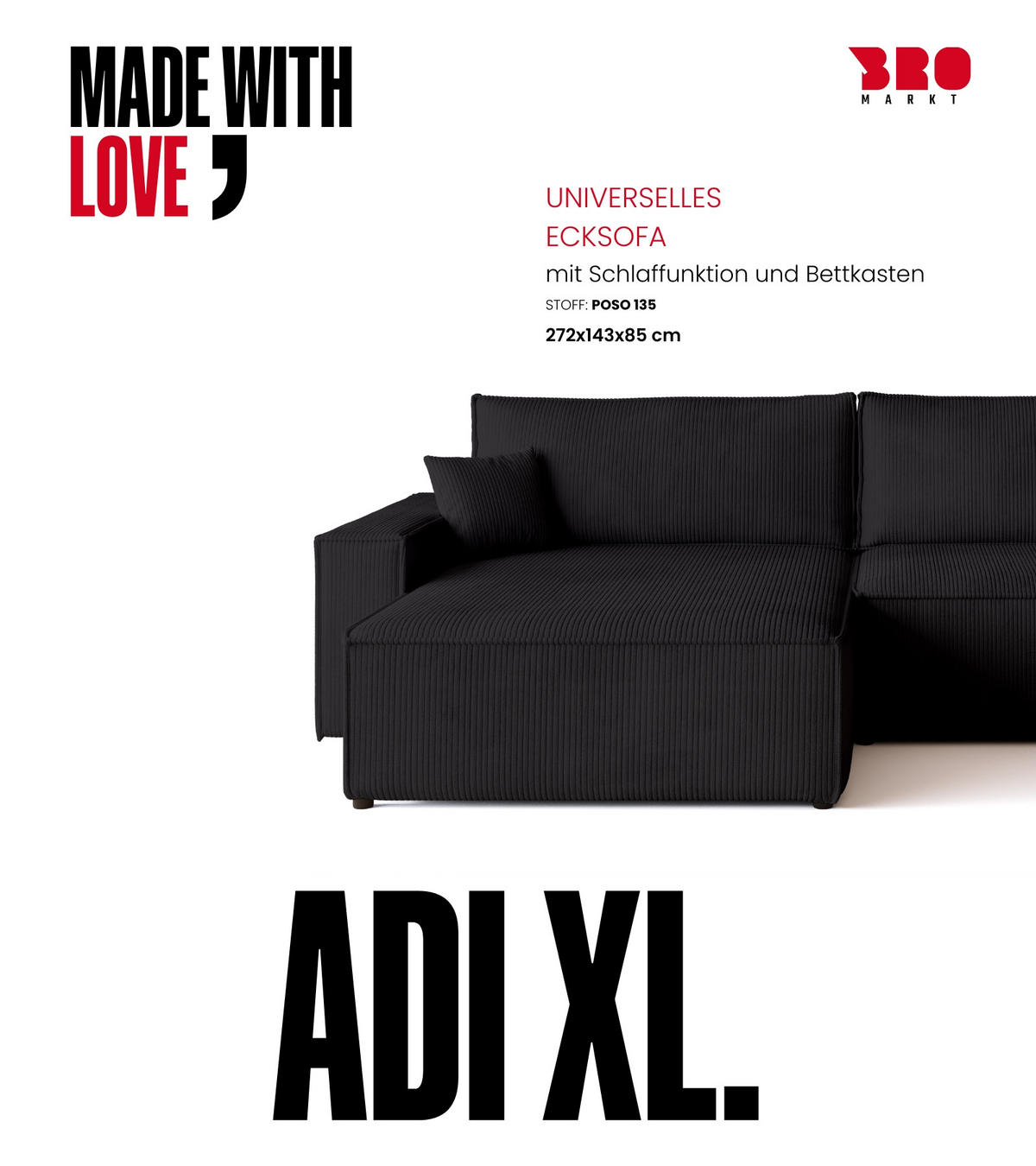 ECKSOFA ADI XL mit Schlaffunktion Schwarz Cord - Schwarz, Textil (272/143cm) - Bromarkt