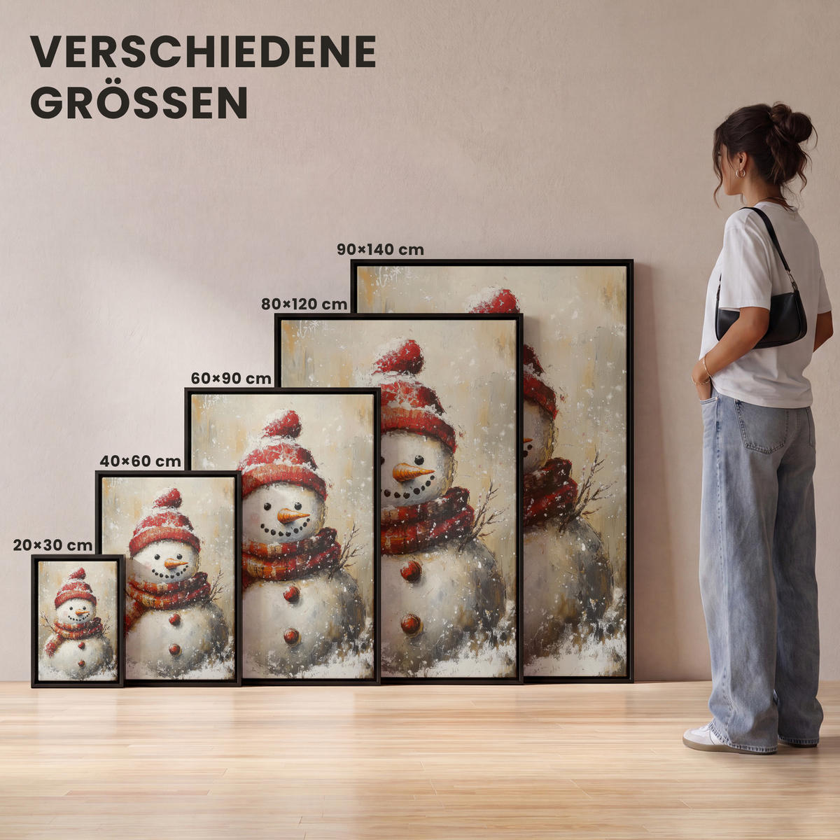 LEINWAND Bilder mit Rahmen - Schneemann - Winter - Schnee - Beige - 60x90 - Weiß, Textil (60/90cm) - MuchoWow