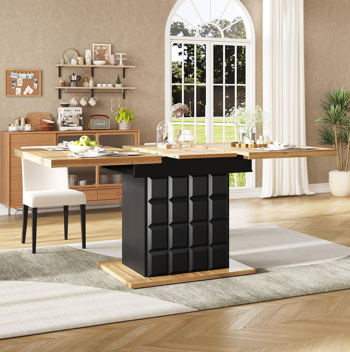 ESSTISCH 110-140x80x75 cm in Schwarz und Natur aus MDF mit beidseitigem Auszug ausziehbar - Naturfarben, Holzwerkstoff (140/80/75cm) - Modfu