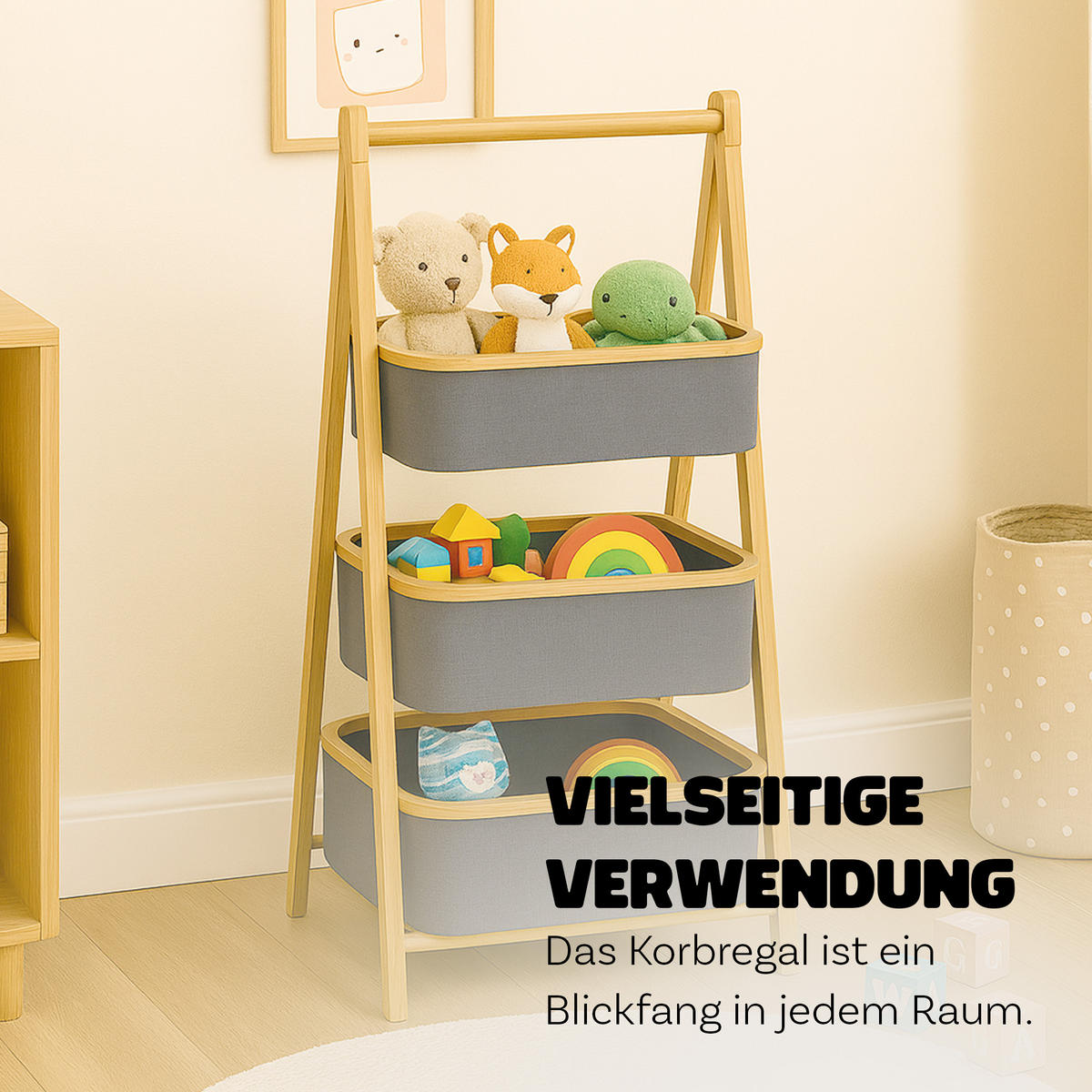 AUFBEWAHRUNGSREGAL Bambus mit 3 Stoffkörben 45x31×108 cm - Grau, Textil (45/108/31cm) - Bestlivings