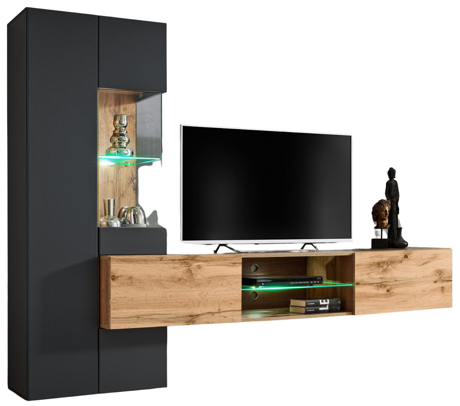 WOHNWAND anthrazit, Eiche Wotan 2-teilig 210 cm hängend, Komplettset mit LED und Push-to-Open - Anthrazit/Eiche Wotan, Glas/Holzwerkstoff (210/160/40cm) - Furn.Design