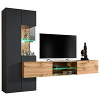 WOHNWAND anthrazit, Eiche Wotan 2-teilig 210 cm hängend, Komplettset mit LED und Push-to-Open - Anthrazit/Eiche Wotan, Glas/Holzwerkstoff (210/160/40cm) - Furn.Design
