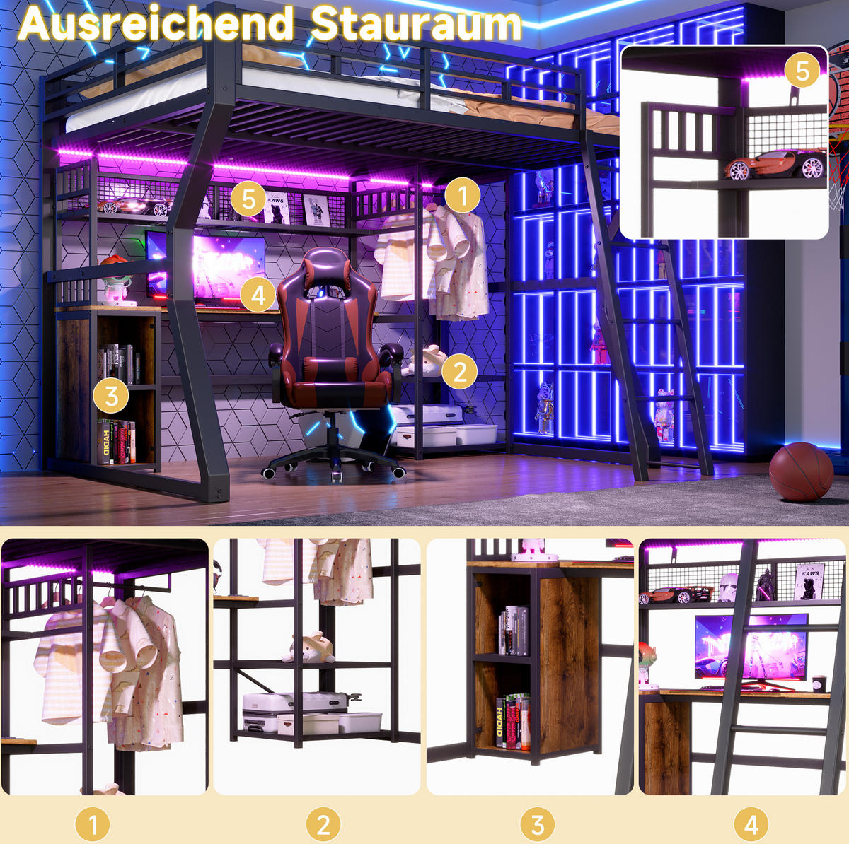 HOCHBETT 140/200 cm aus Metall/MDF mit Schreibtisch, Steckdose und Lichtleiste Schwarz - Schwarz, Holzwerkstoff (140/200cm) - Modenvie