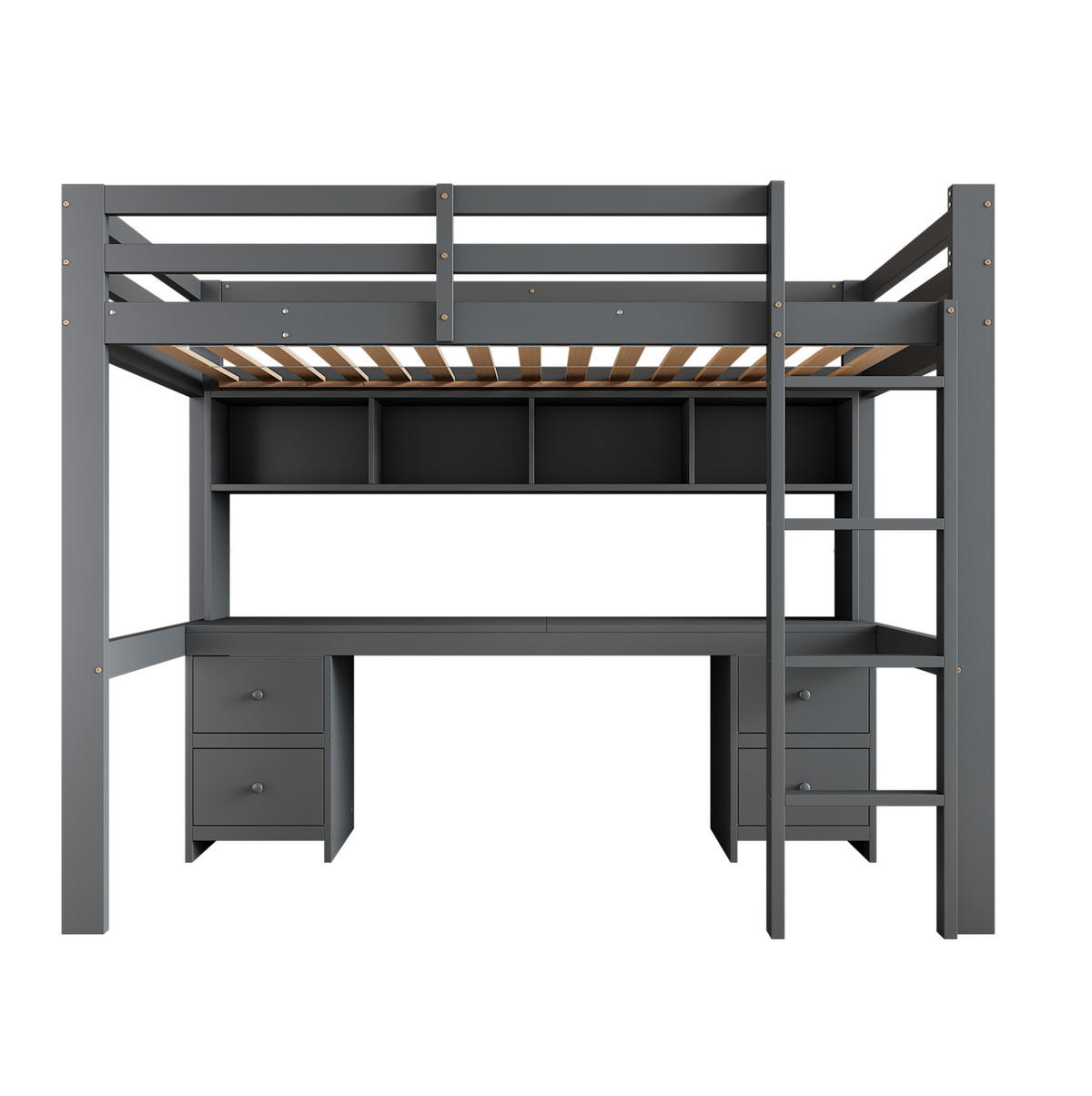 HOCHBETT aus Kiefernholz und MDF 90x200 cm Grau mit Schreibtisch, 4 Schubladen und Ablagefächern - Grau, Holz (90/200cm) - IVMEU