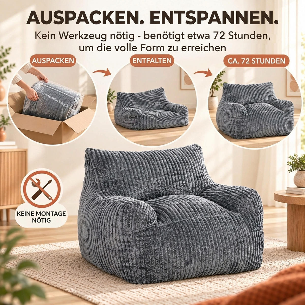 BODENSESSEL Cord Schaumstoff Grau - Grau, Textil (107/71/115cm) - HOMCOM