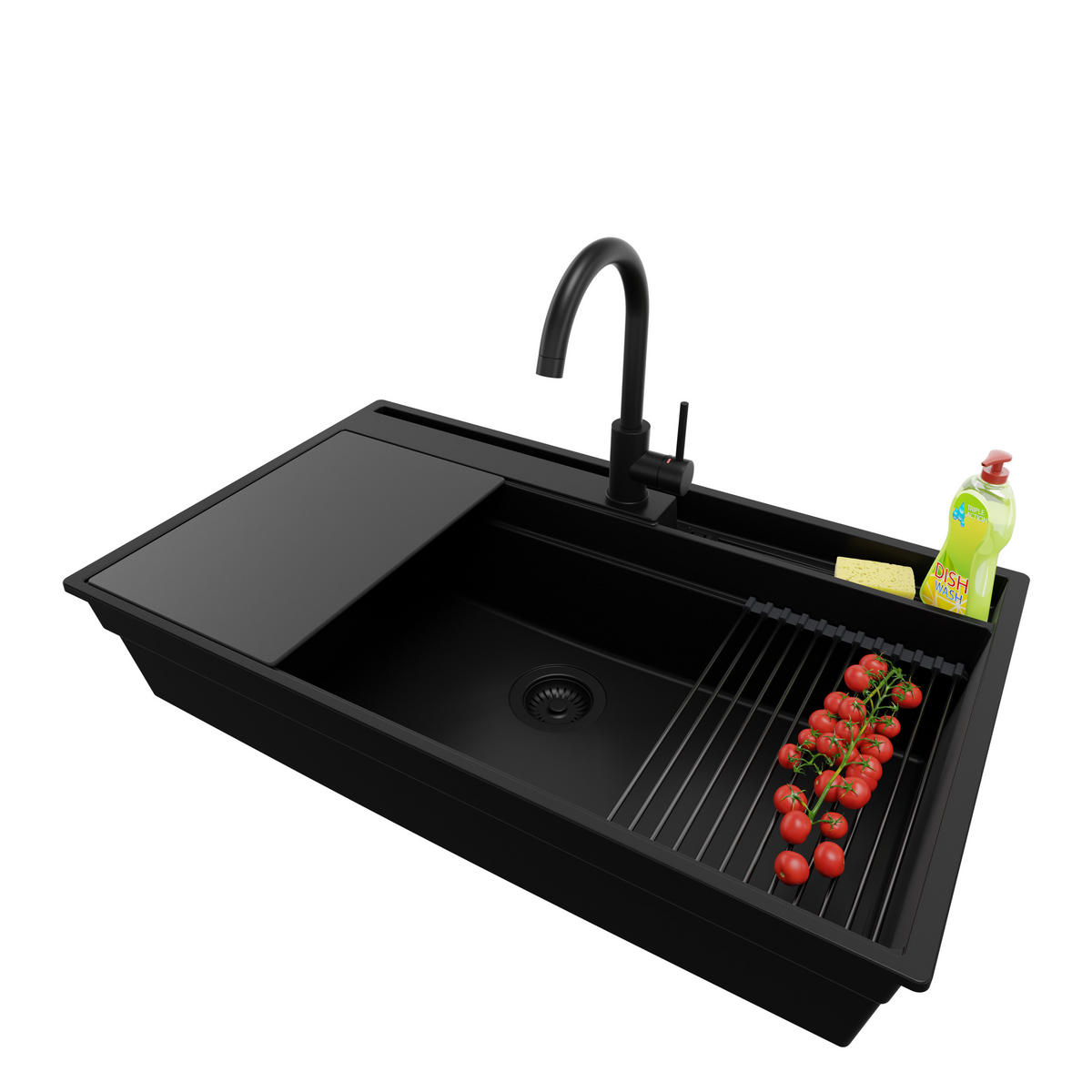 GRANITSPÜLE Oslo Pocket, 2-er set Alles Schwarz 88/53 cm 1 Becken + Küchenarmatur 32/20 cm + Ablauf-Set + Küchenzubehörset ab 90er Unterschrank - Schwarz, Kunststoff (88/20/53cm) - Primagran