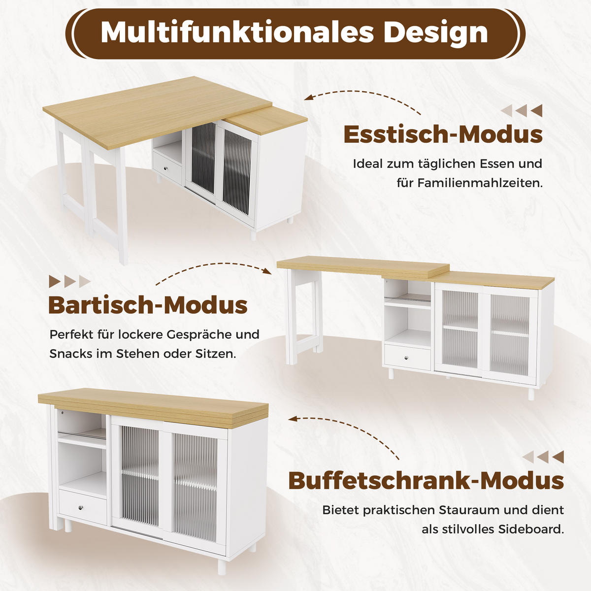 ESSTISCH Klappbar Ausziehbar 360° Drehbar Stauraum Weiß Natur - Weiß, Holzwerkstoff (40/120/75.5cm) - FLIEKS
