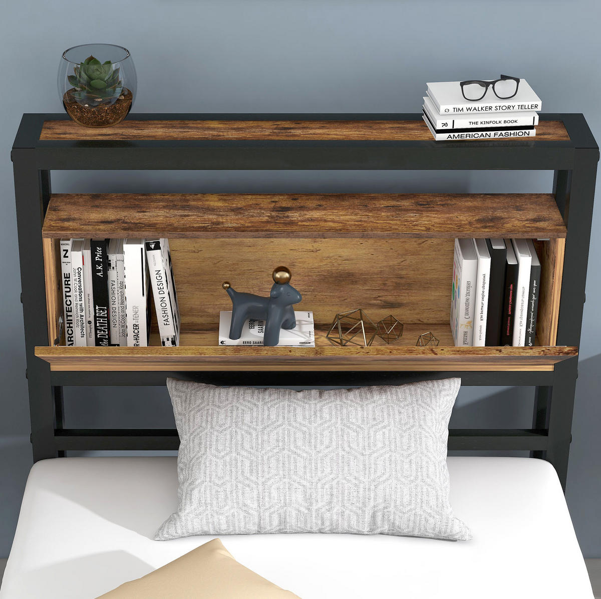EINZELBETT 90/200 cm mit Stauraum-Kopfteil und Metall-Lattenrost im Industrial-Stil, Natur - Naturfarben, Metall (90/200cm) - Redom
